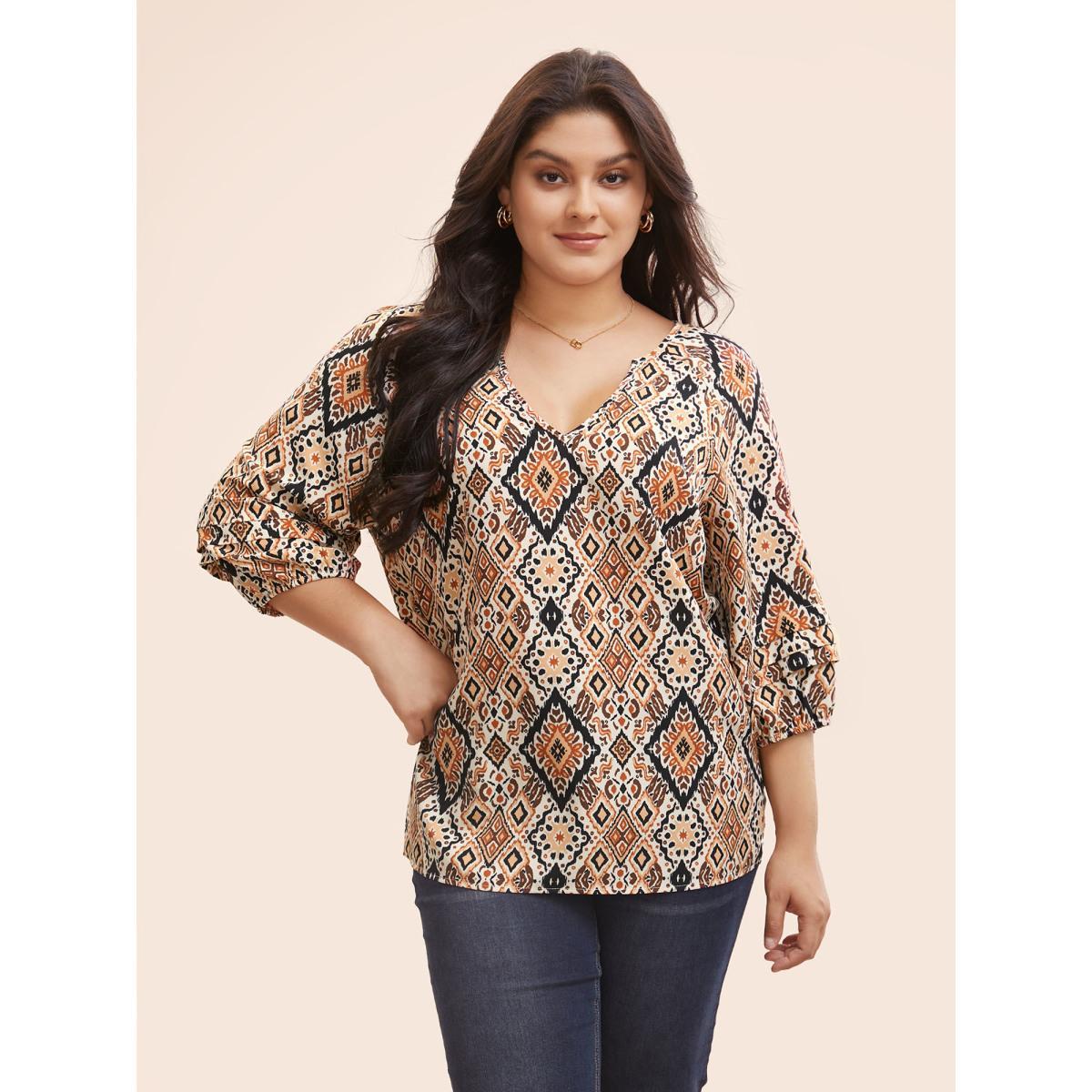 Plus Size Browncoffeecolor Bandana Geometric Pleated Lantern Sleeve Blouse Women Elegant Elbow-length sleeve V-neck Everyday Blouses BloomChic 14-16/1X Product Image