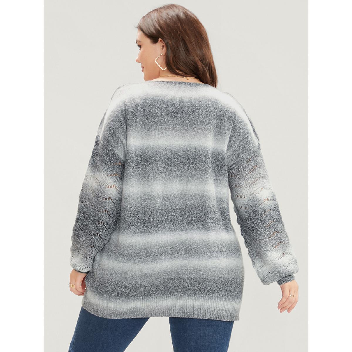 Plus Size Ombre Spacedye Knit Eyelet V Neck Heather Knit Top Multicolor Women Casual Loose Long Sleeve V-neck Dailywear Pullovers BloomChic 10/M Product Image