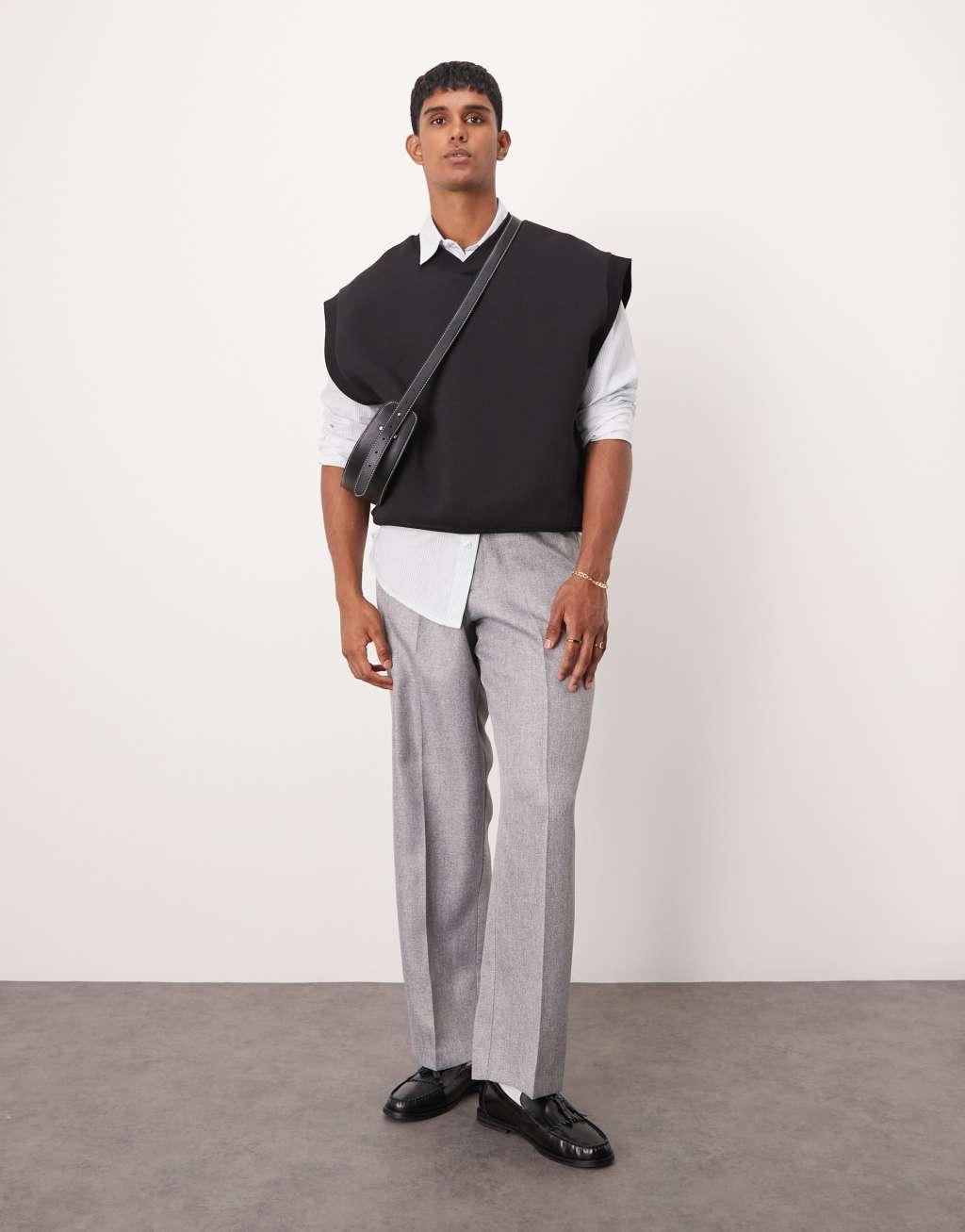 ASOS DESIGN wide leg dress pants in light gray herringbone Product Image