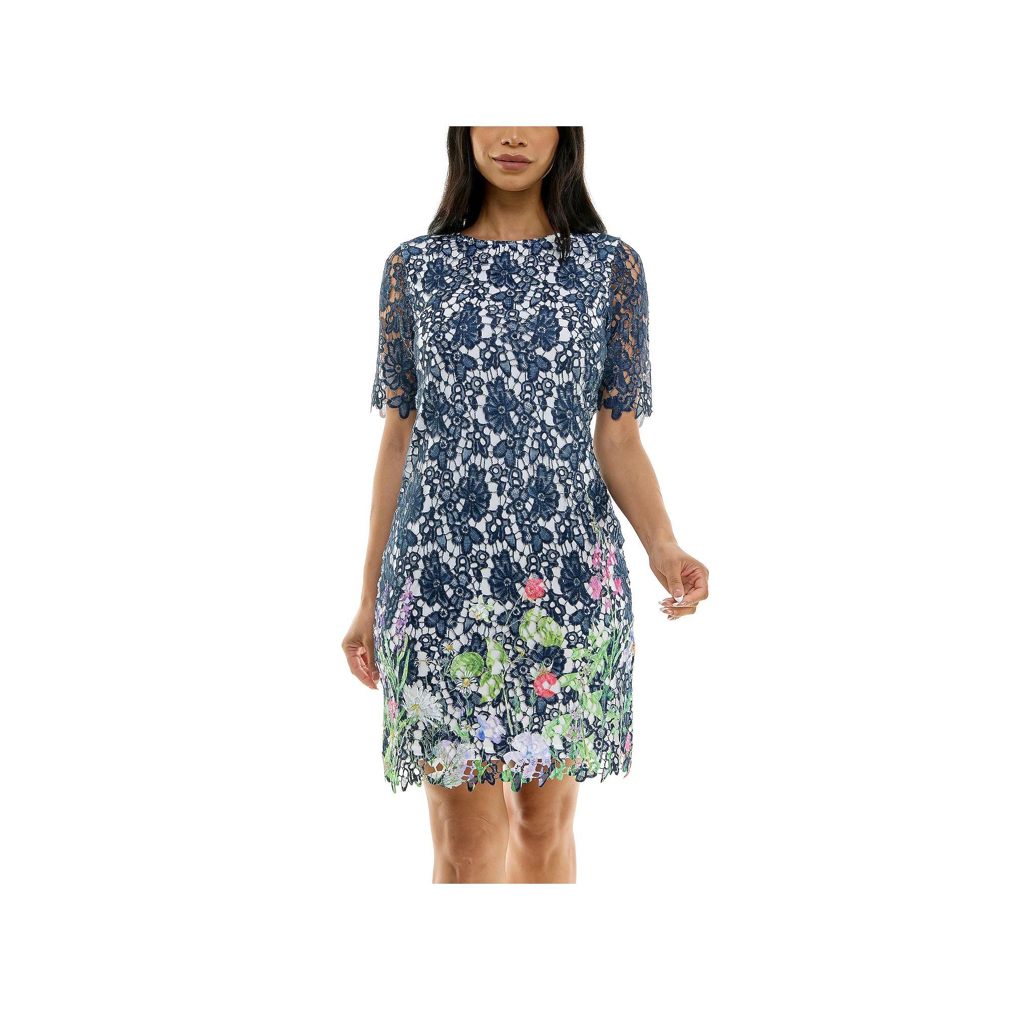 Womens Nina Leonard Floral Print Lace Trimmed Short Sleeve Mini Dress Blue Team Product Image