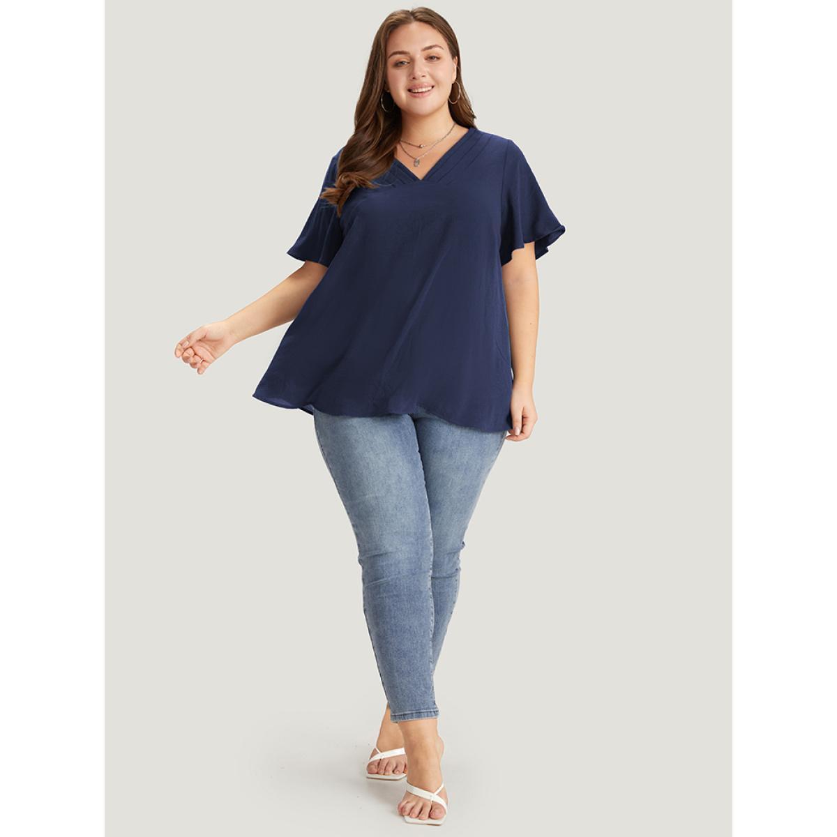 Plus Size Indigo Solid Pleated V Neck Blouse Women Office Short sleeve V-neck Dailywear Blouses BloomChic 18-20/2X Product Image