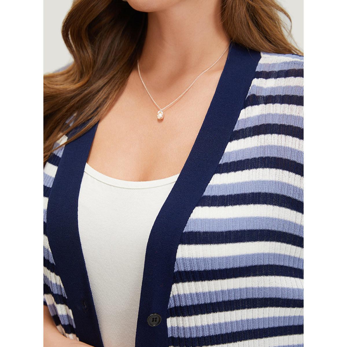 Plus Size Contrast Striped Rib Knit Button Through Cardigan Indigo Women Casual Loose Long Sleeve Dailywear Cardigans BloomChic 14-16/1X Product Image