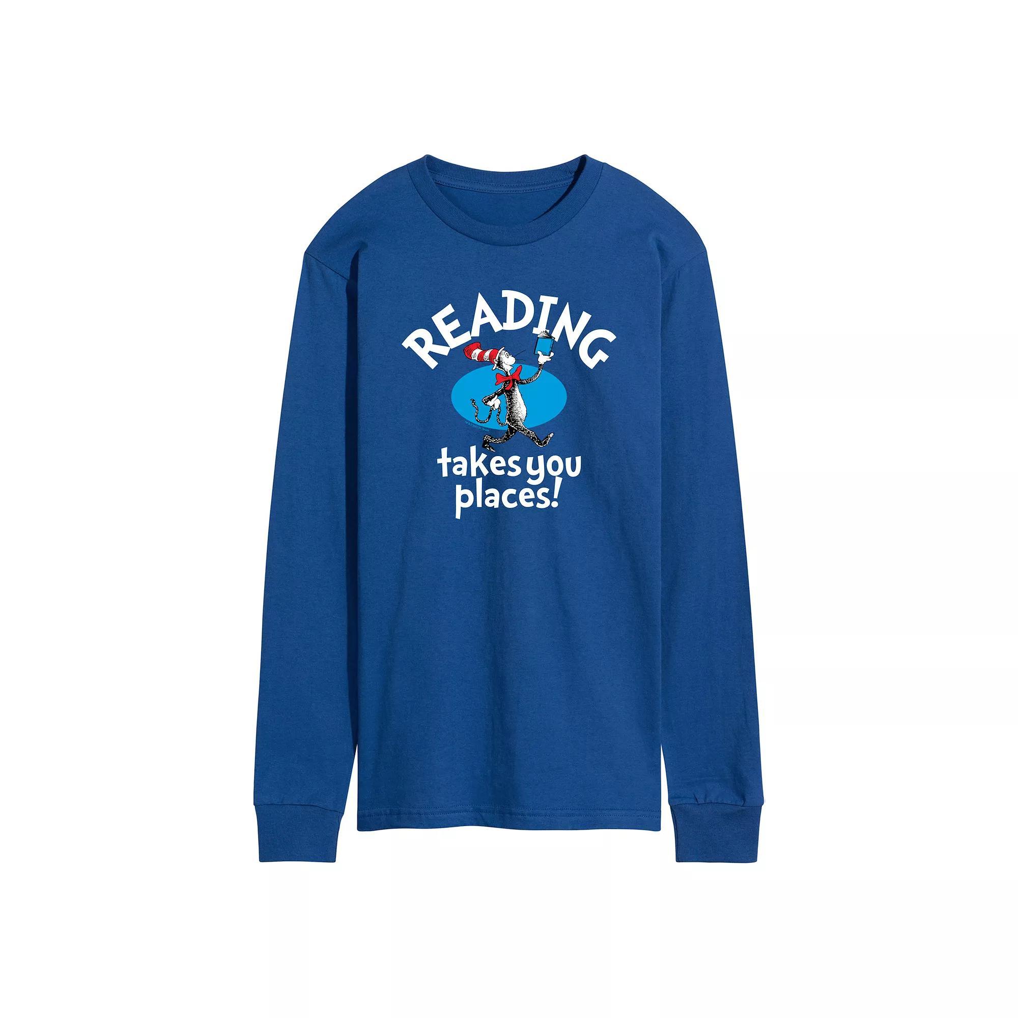 Mens Dr. Seuss The Cat in the Hat Reading Takes You Places Long Sleeve Graphic Tee Blue Product Image