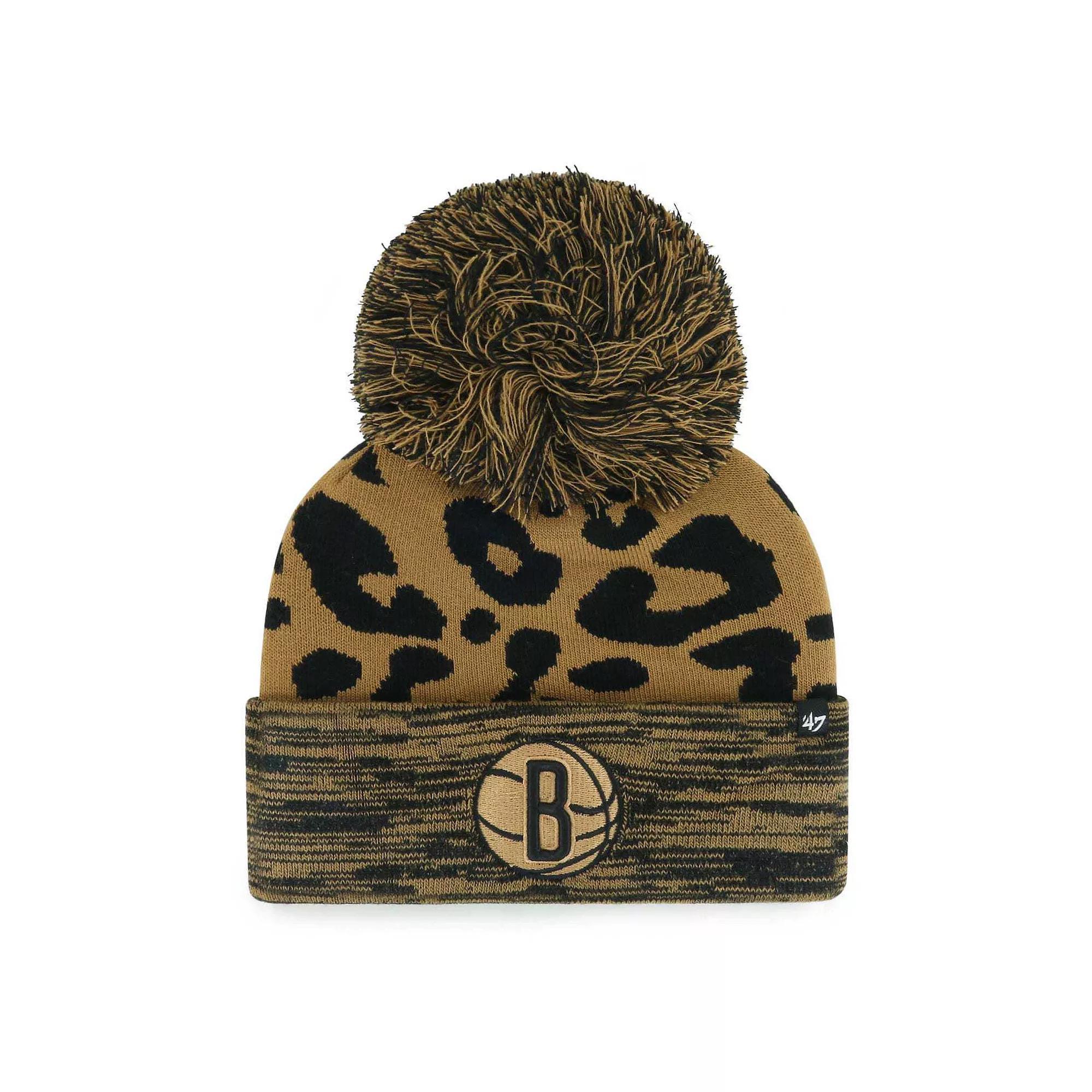 Womens 47 Leopard Brooklyn Nets Rosette Cuffed Knit Hat with Pom Product Image