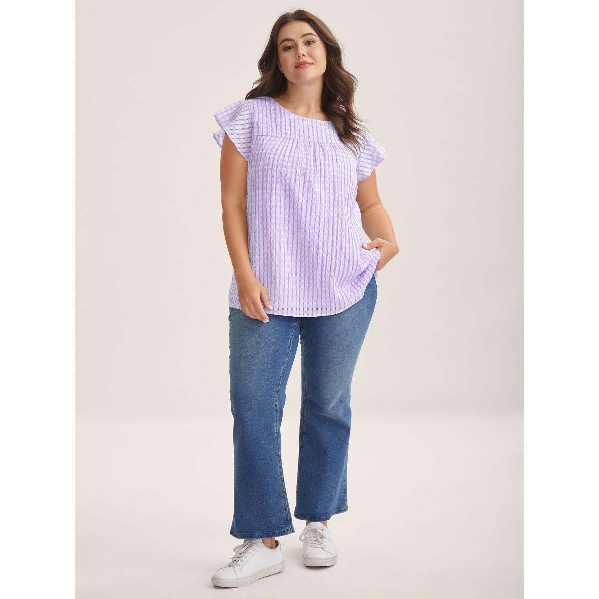 Plus Size Lilac Textured Sheer Lined Flutter Sleeve Blouse Women Cap Sleeve Round Neck Everyday-Casual Blouses BloomChic 22-24/3X Product Image
