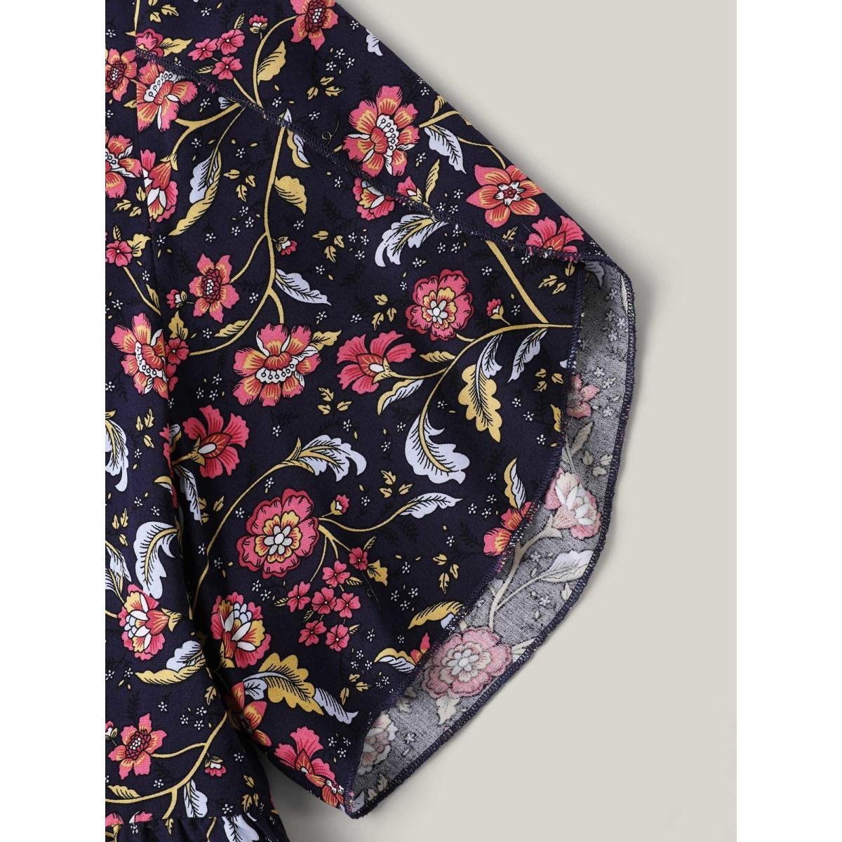 Plus Size Midnight Sweet Floral Print Petal Sleeve Shirt Women Resort Short sleeve Flat collar with V-notch Vacation Blouses BloomChic 10/M Product Image