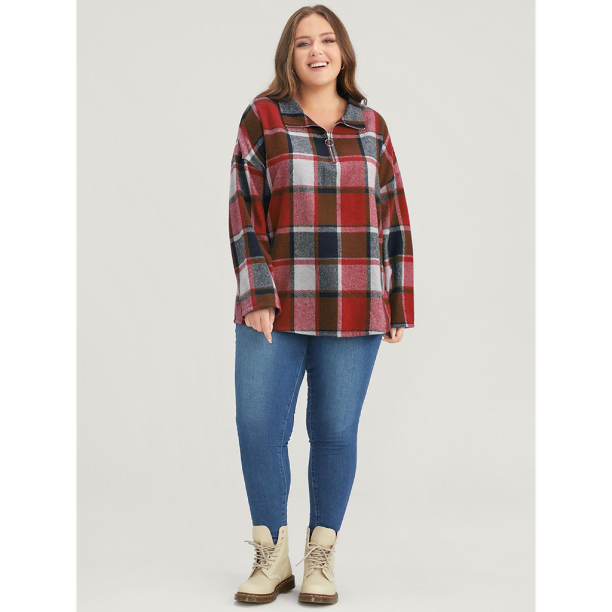 Plus Size Plaid Drop Shoulder O Ring Zip Sweatshirt Women Red Casual Zipper Lapel Collar Dailywear Sweatshirts BloomChic 22-24/3X Product Image