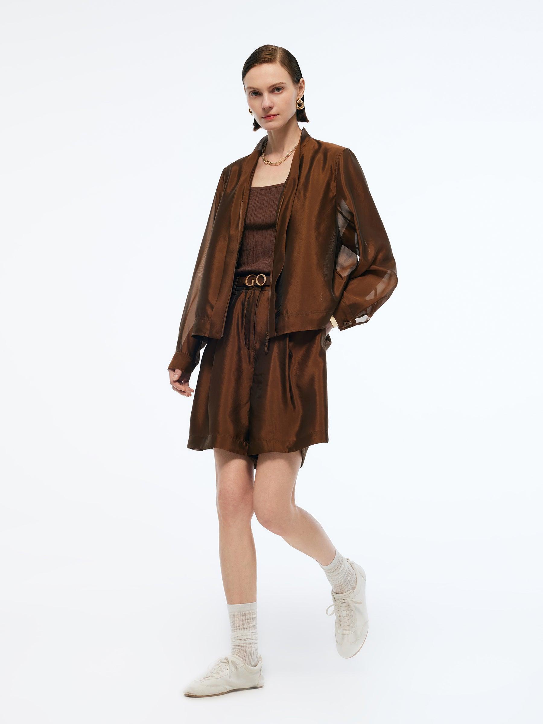 Mulberry Silk Blend Women Zip-Up Sheer Jacket Product Image