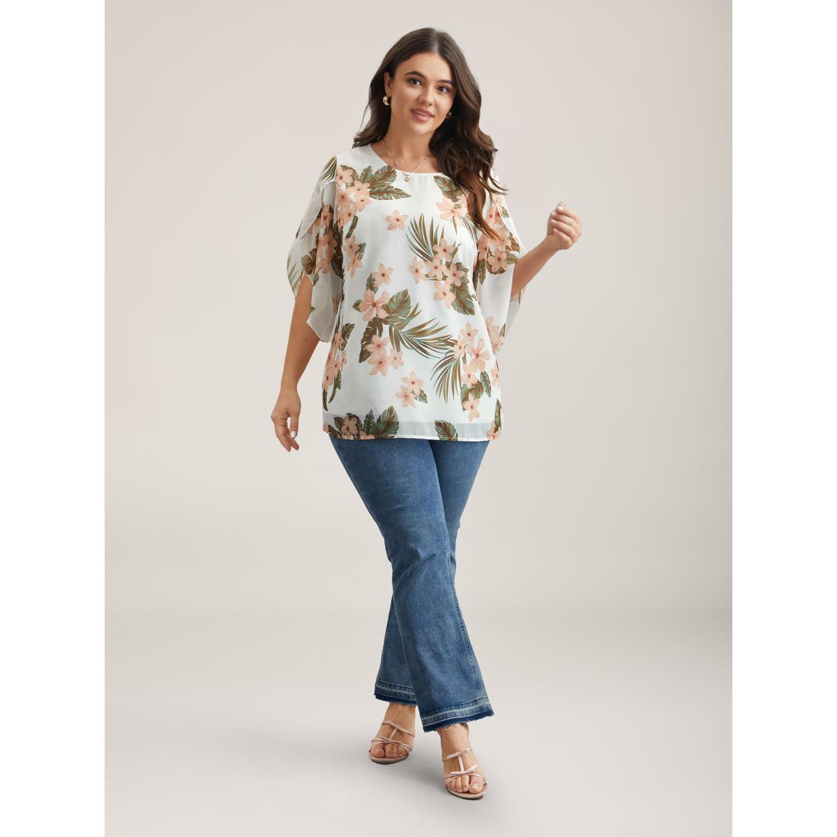 Plus Size WhiteSmoke Petal Sleeve Floral Round Neck Shirt Women Elegant Elbow-length sleeve Round Neck Everyday Blouses BloomChic 28/5X Product Image