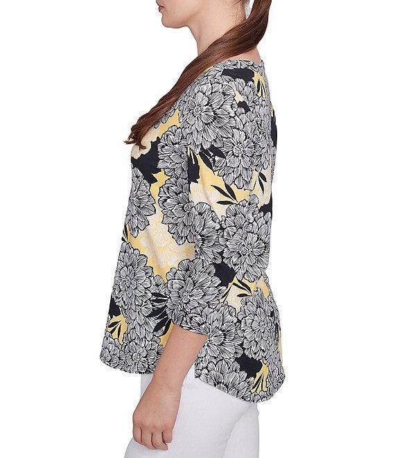 Ruby Rd. Abstract Floral Dahlia Knit Crew Neck 3/4 Sleeve Top Product Image