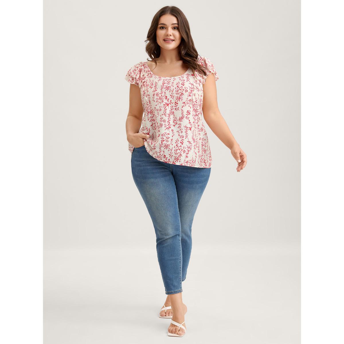 Plus Size Brightred Sweet Floral Bow Back Flutter Blouse Women Cap Sleeve Square Neck Everyday-Elegant Blouses BloomChic 30/6X Product Image