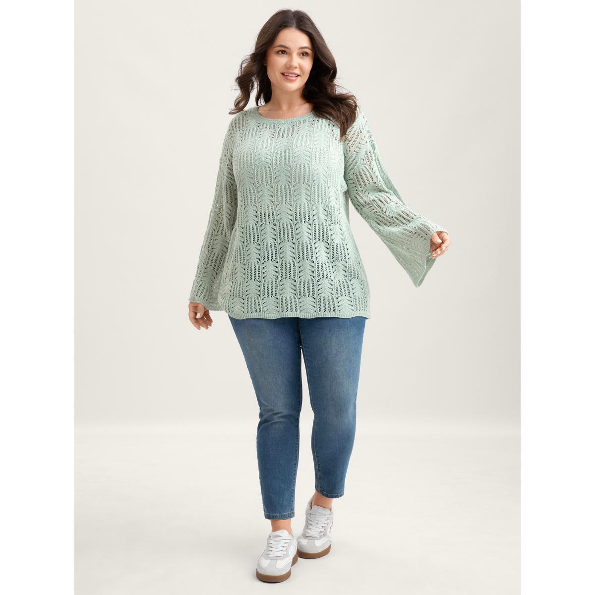 Plus Size Textured Cut-Out Flared Sleeve Lightweight Pullover Greenbean Women Loose Long Sleeve Round Neck Everyday-Casual Pullovers BloomChic 30/6X Product Image