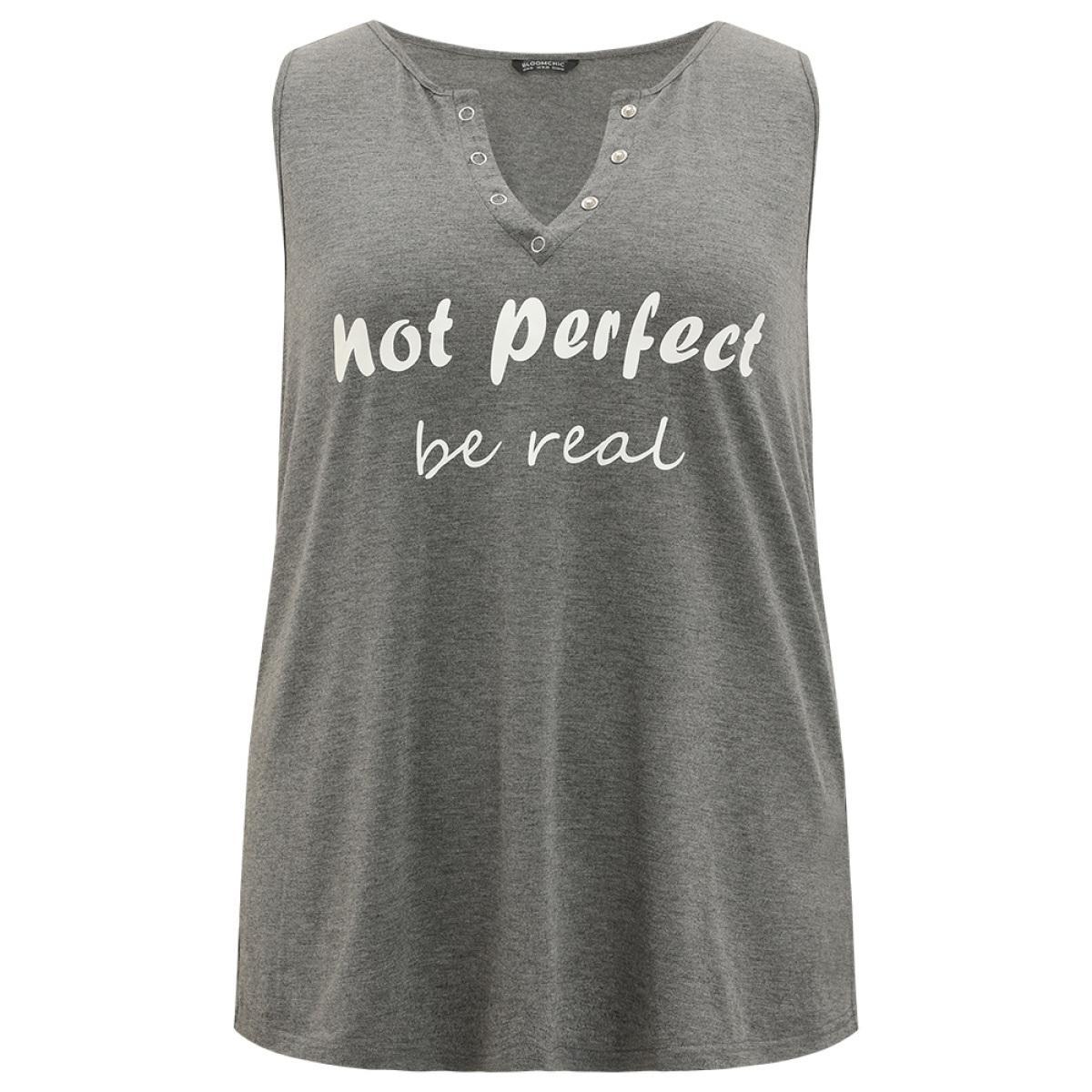 Plus Size Letter Print Button Notched Tank Top Women DarkGray Casual Printed Dailywear Tank Tops Camis BloomChic 26/4X Product Image
