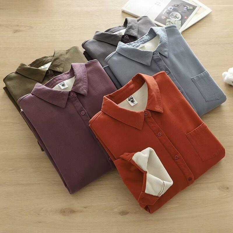 Plain Fleece-Lined Button-Up Shirt Product Image
