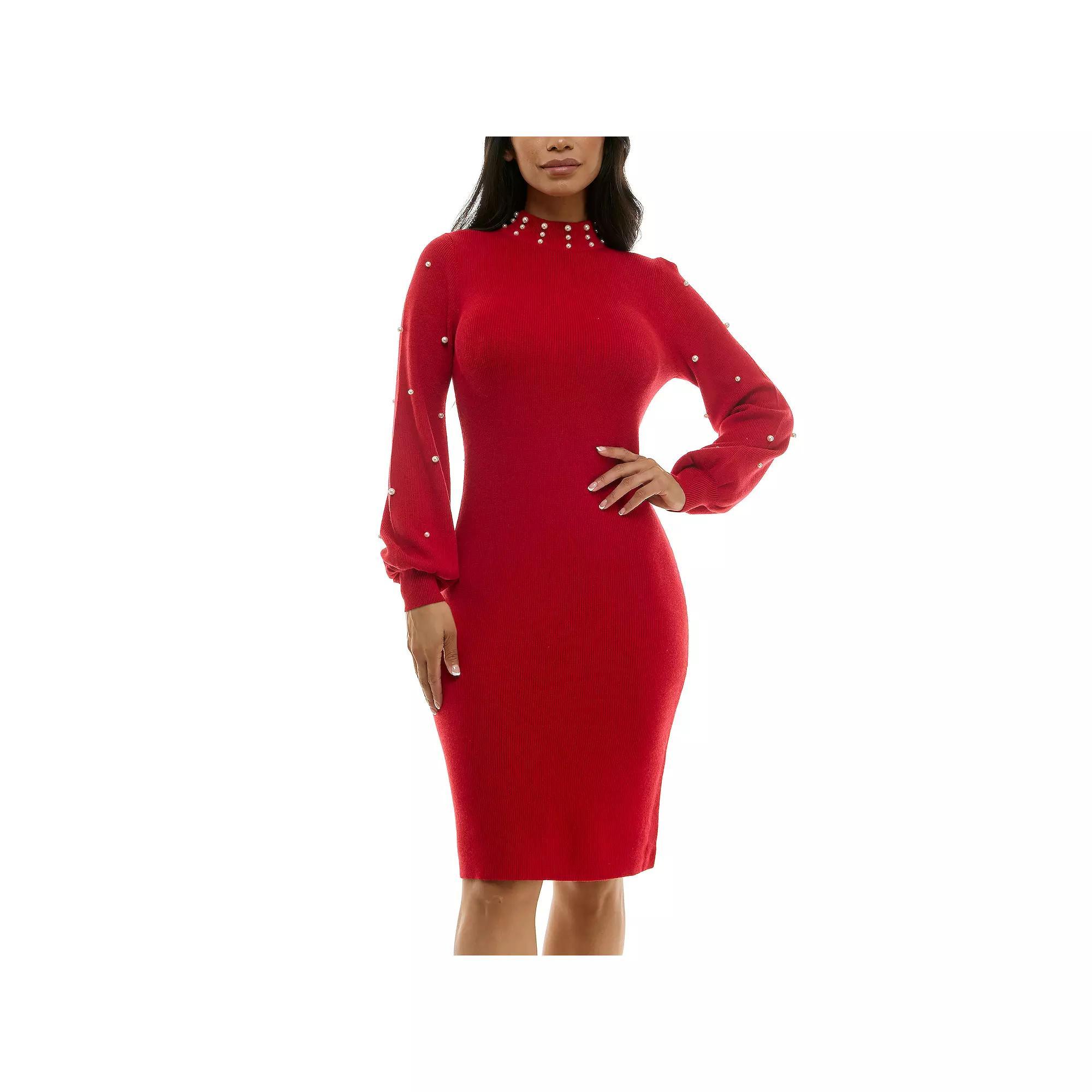 Women's Nina Leonard Mock Neck Sweater Dress with Faux Pearls, Size: Small, Black Product Image