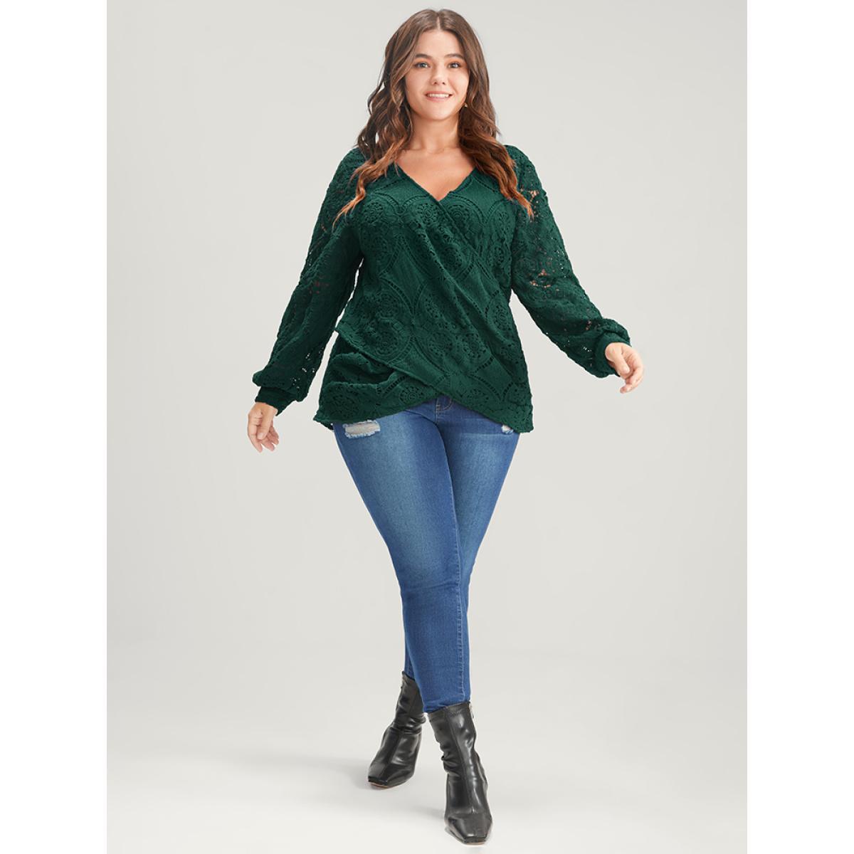 Plus Size DarkGreen Solid Crossover Hem Lace Blouse Women Glamour Long Sleeve V-neck Going out Blouses BloomChic 30/6X Product Image