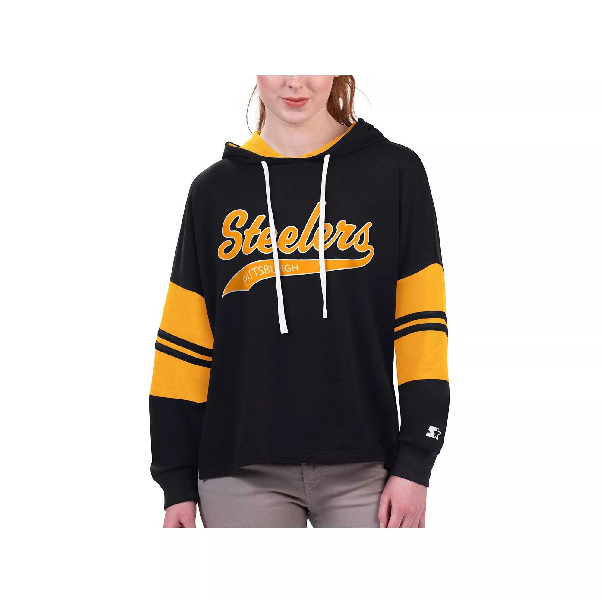 Women's Starter Black Pittsburgh Steelers Bump And Run Long Sleeve Hoodie T-Shirt, Size: XL Product Image