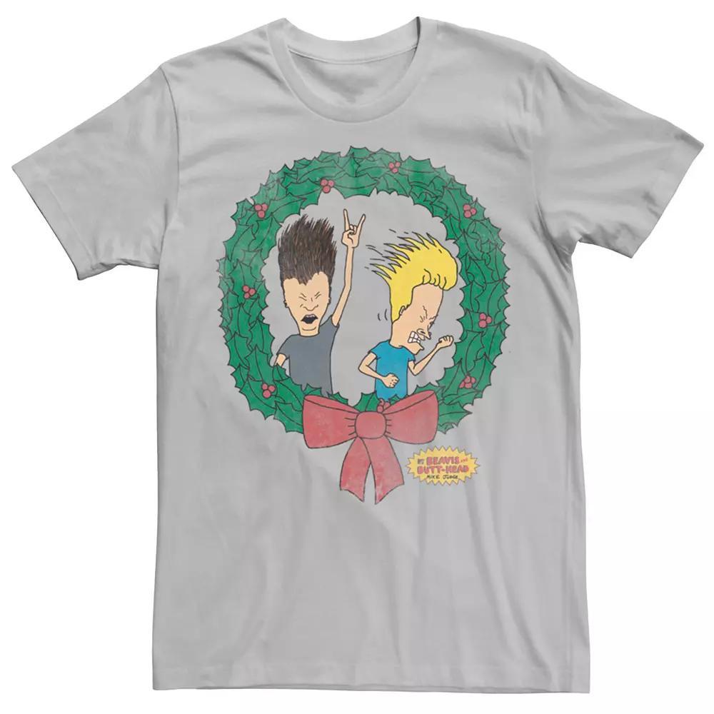 Men's Beavis And Butthead Christmas Wreath Tee, Size: Small, Grey Product Image