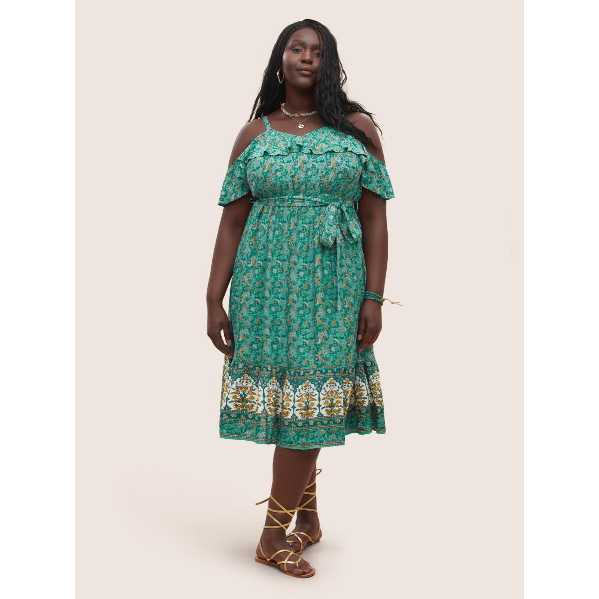 Plus Size Bandana Ruffles Belted Cold Shoulder Dress Aquamarine Women Resort Non U-neck Sleeveless Curvy Midi Dress BloomChic 28/5X Product Image
