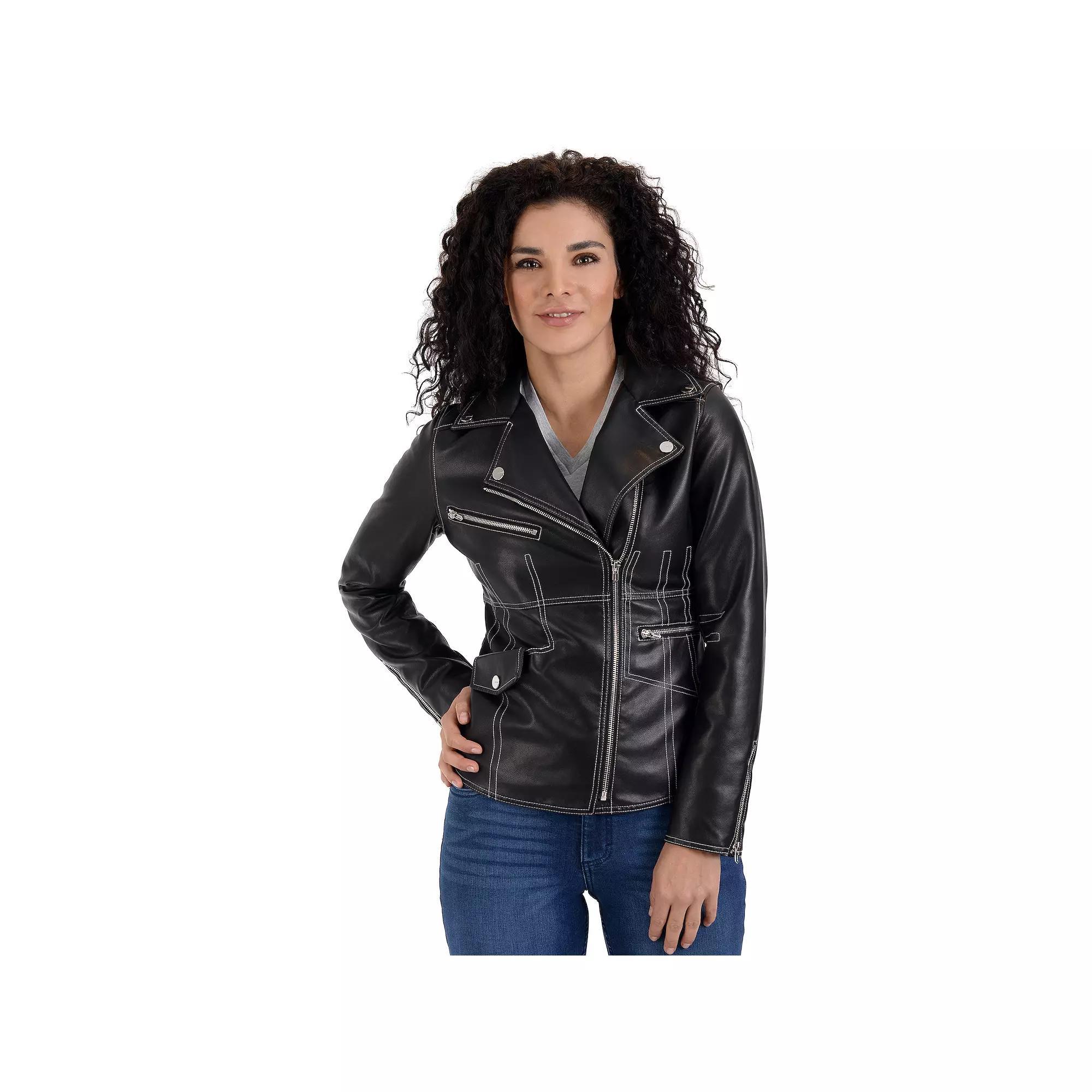 Women's Nine West Bold Stitching Faux-Leather Biker Jacket, Size: Small, Black Product Image