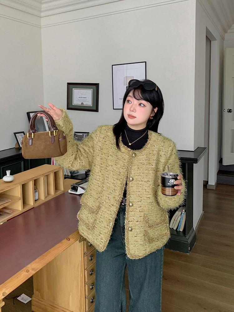 Plus Size U-Neck Tweed Button-Up Jacket Product Image