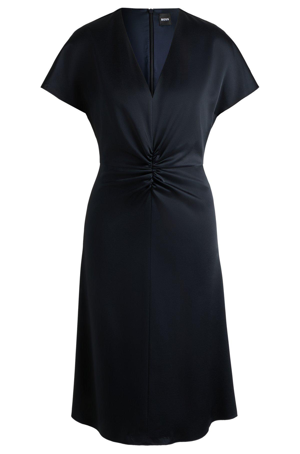 BOSS - V-neck dress with gathered waistband - Dark Blue Product Image