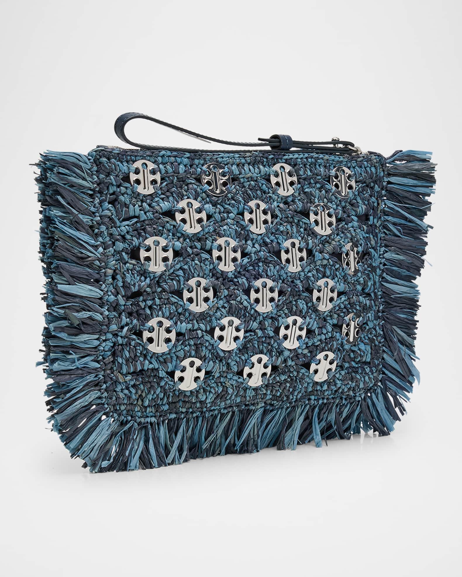 Fringed Denim Raffia Disc Pouch Bag Product Image