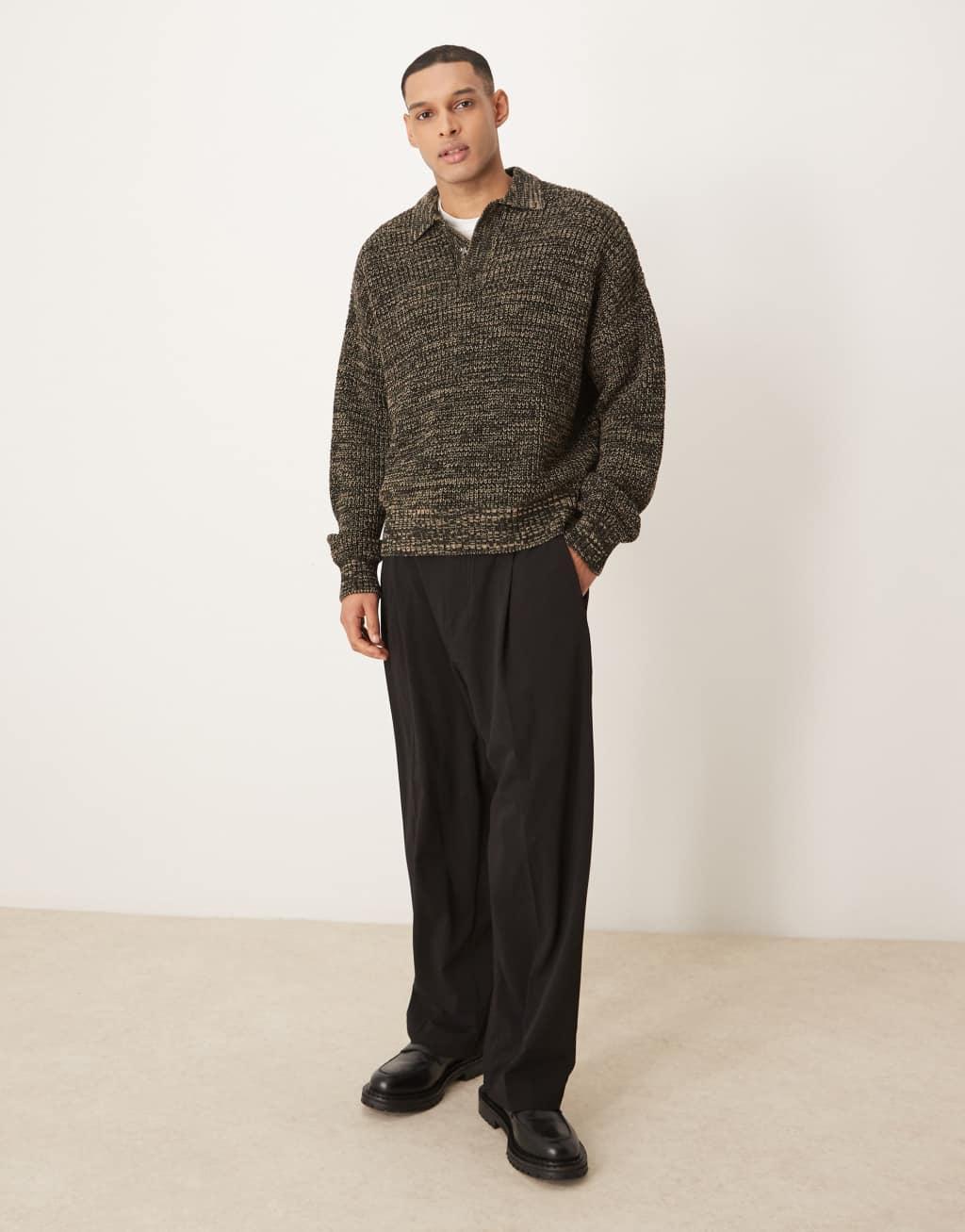 ASOS DESIGN oversized boxy fit knitted polo with snap placket in brown Product Image