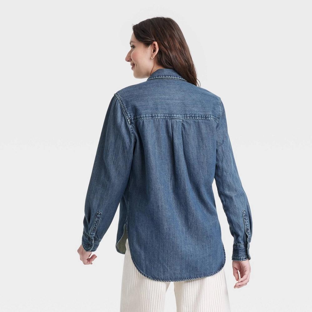 Women's Relaxed Fit Denim Button-Down Shirt - Universal Thread™ Dark Wash XS: Midweight, Front Pocket, Long Sleeve Product Image
