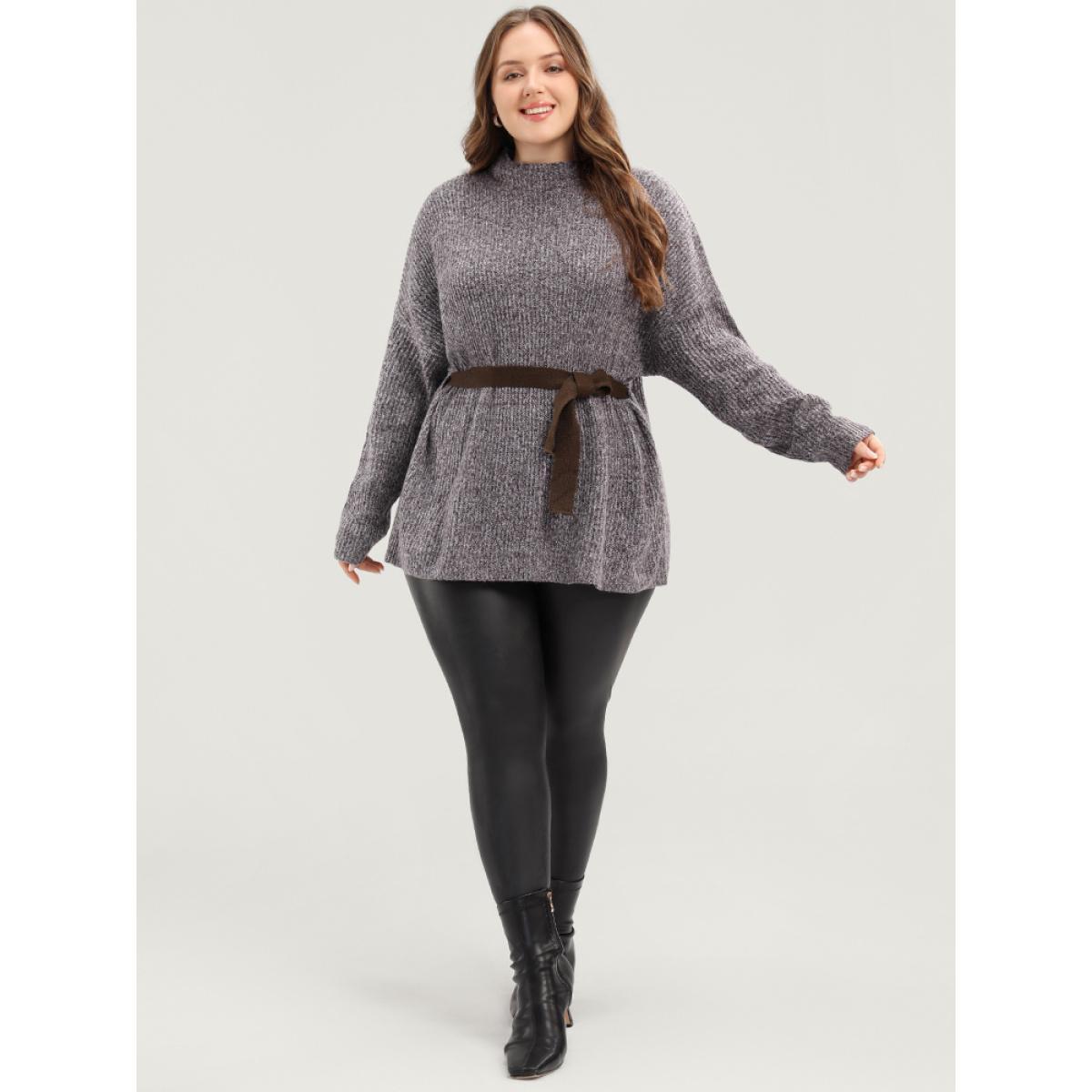 Plus Size Solid Pointelle Knit Mock Neck Belted Heather Knit Top Brown Women Casual Long Sleeve Mock Neck Dailywear Pullovers BloomChic 26/4X Product Image