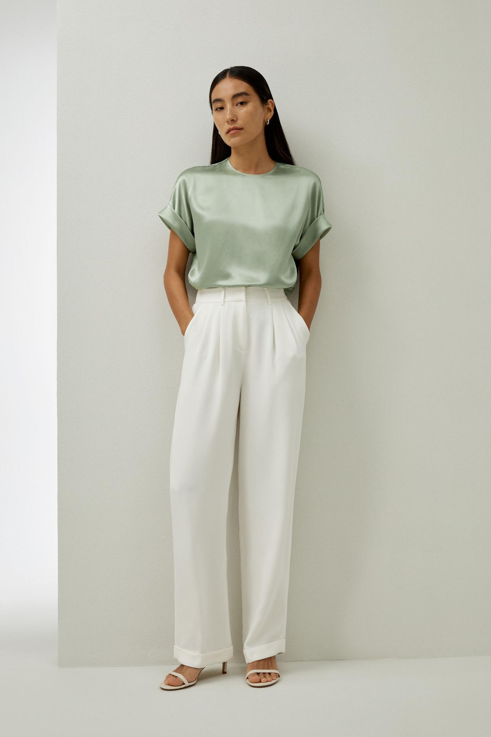 Obliuque Sleeves Round Neck Silk Tee Product Image