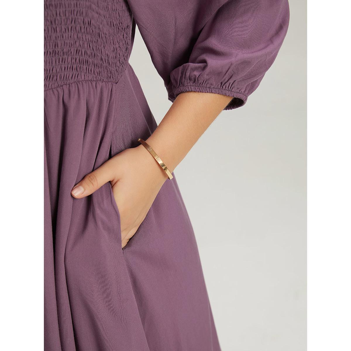 Plus Size Plain Shirred Square Neck Elastic Cuffs Dress Mauve Women Elegant Elastic cuffs Square Neck Elbow-length sleeve Curvy Midi Dress BloomChic 28/5X Product Image