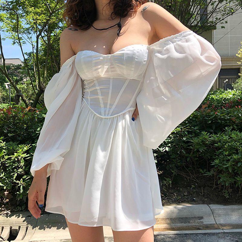 Puff-Sleeve Square-Neck Mesh Panel A-Line Corset Dress Product Image