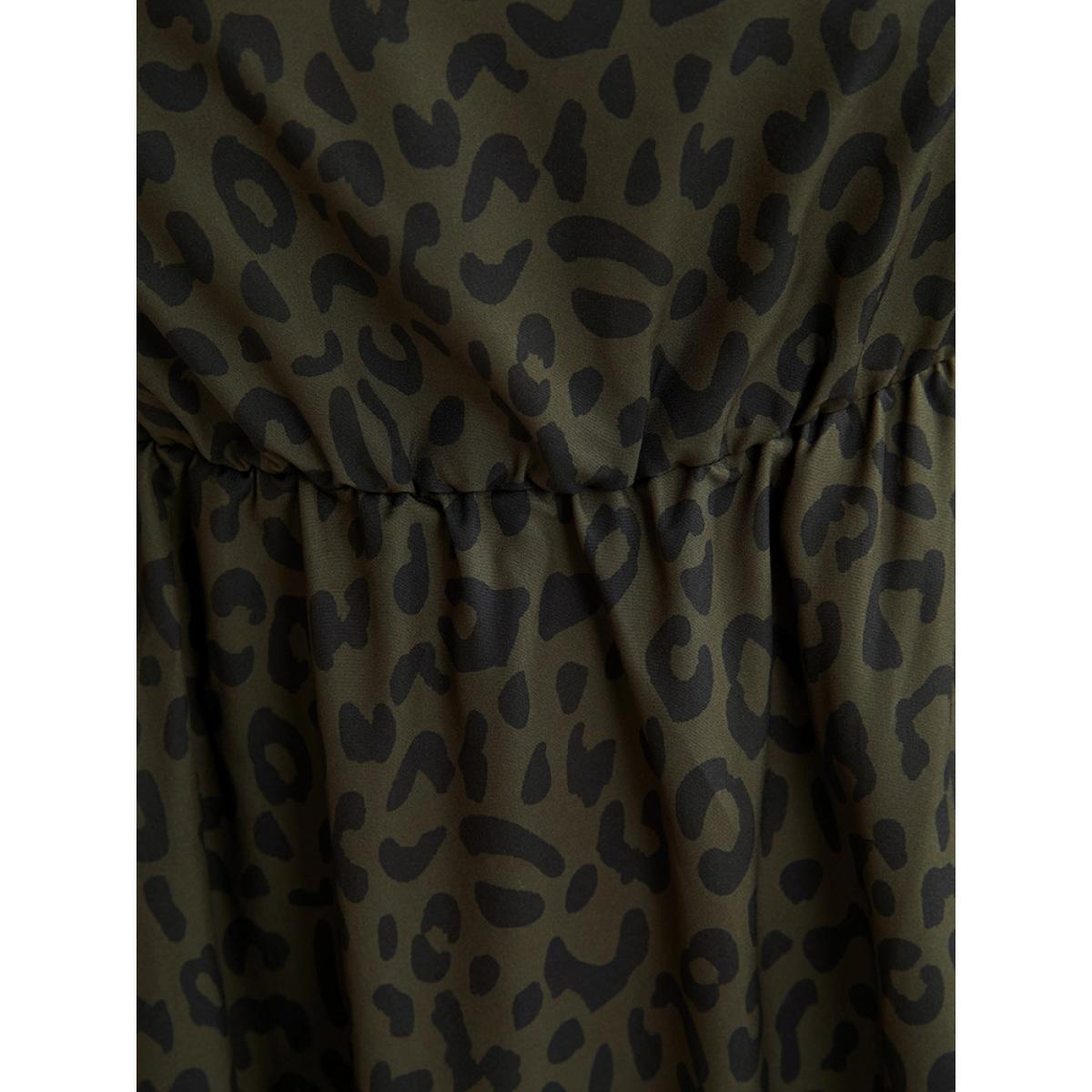 Plus Size Leopard Print Square Neck Pocket Puff Sleeve Midi Dress ArmyGreen Women Elegant Square Neck Long Sleeve Curvy Midi Dress BloomChic 28/5X Product Image