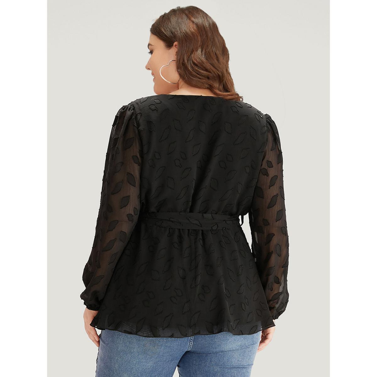 Plus Size Black Crochet Mesh Belted Gathered Wrap Lantern Sleeve Blouse Women Elegant Long Sleeve V-neck Dailywear Blouses BloomChic 28/5X Product Image