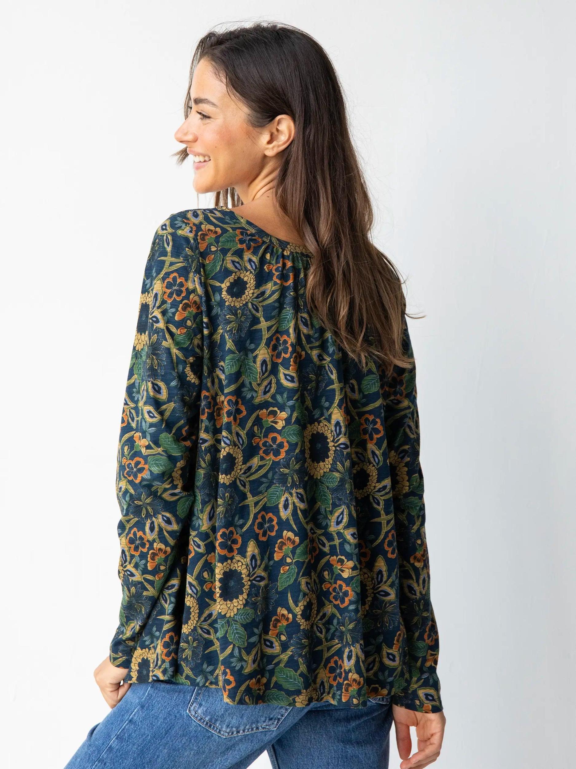 Long Sleeve Iris Top - Navy Tan Dahlias Product Image