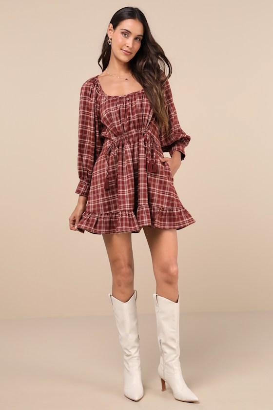 Autumn Perfection Red Plaid Mini Dress With Pockets Product Image