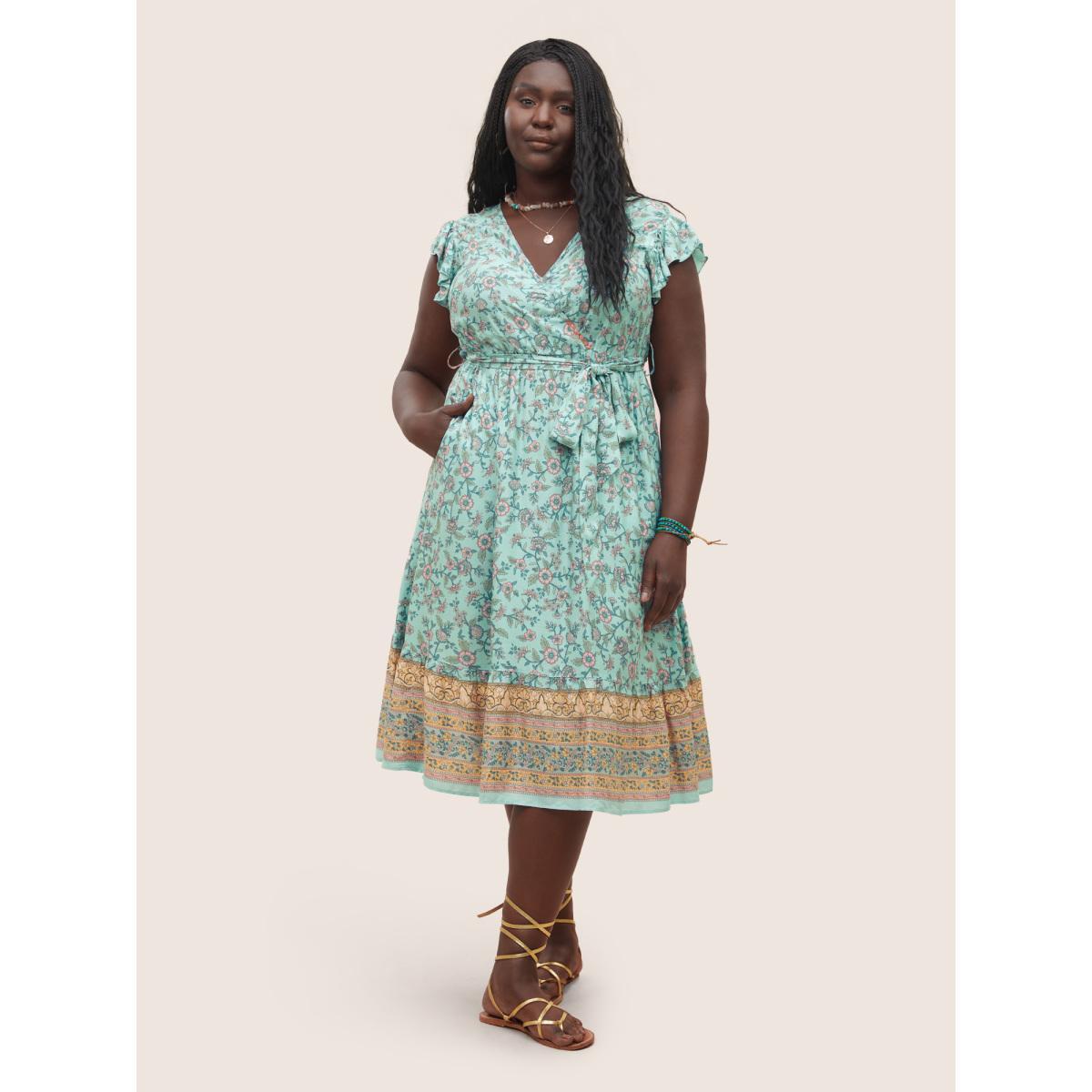 Plus Size Bandana Ruffles Wrap Elastic Waist Belted Dress Turquoise Women Resort Non Overlap Collar Sleeveless Curvy Midi Dress BloomChic 12/L Product Image
