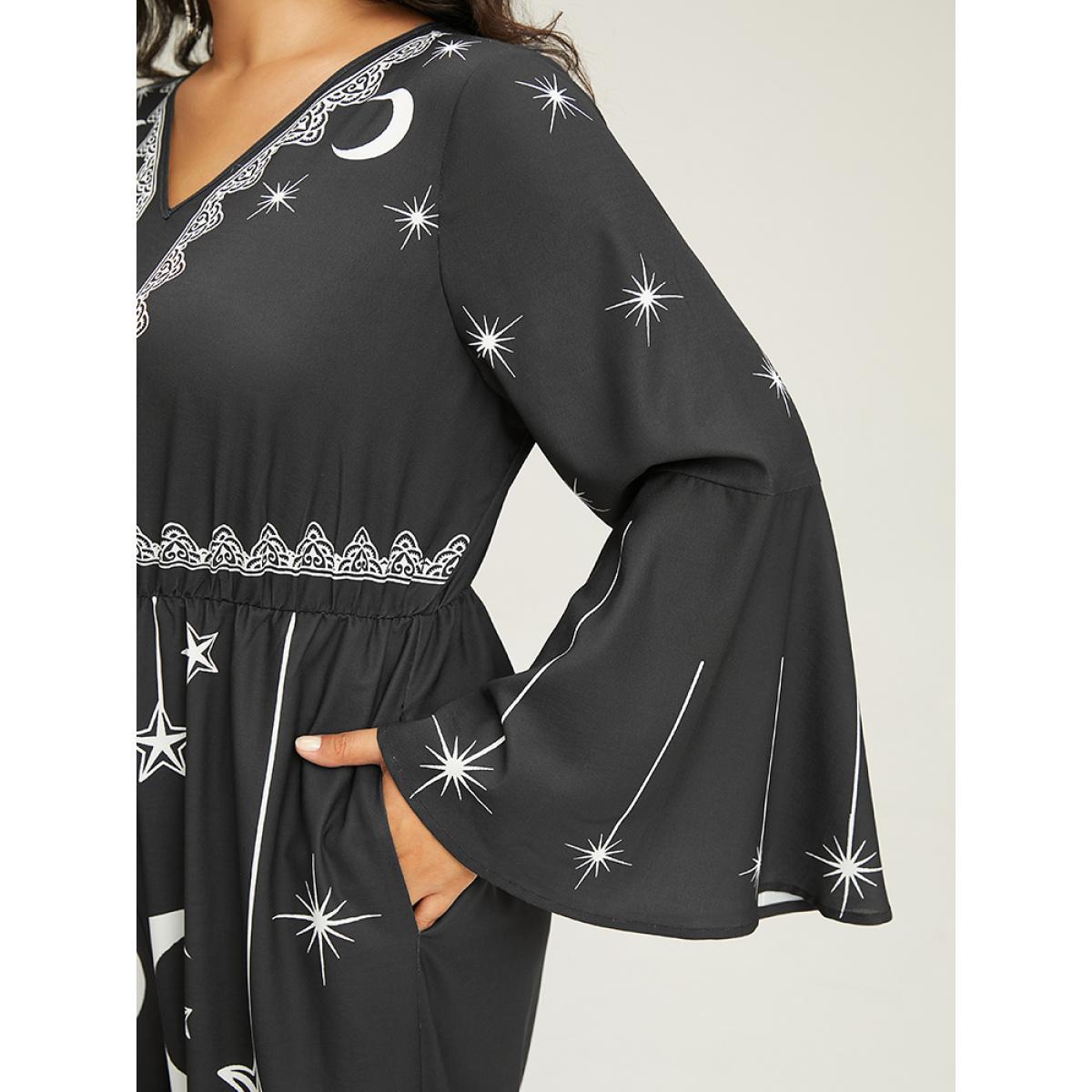Plus Size Black Halloween Moon & Star Elastic Waist Bell Sleeve Jumpsuit Women Casual Long Sleeve V-neck Festival-Halloween Loose Jumpsuits BloomChic 12/L Product Image