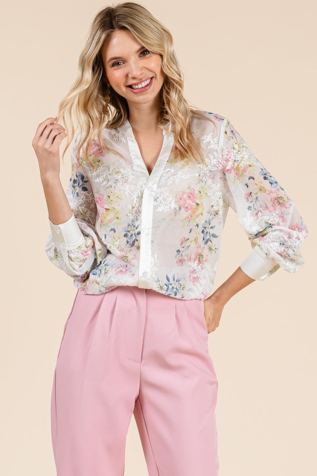 Sheer Floral Color Block Long Sleeve Blouse Tops Product Image