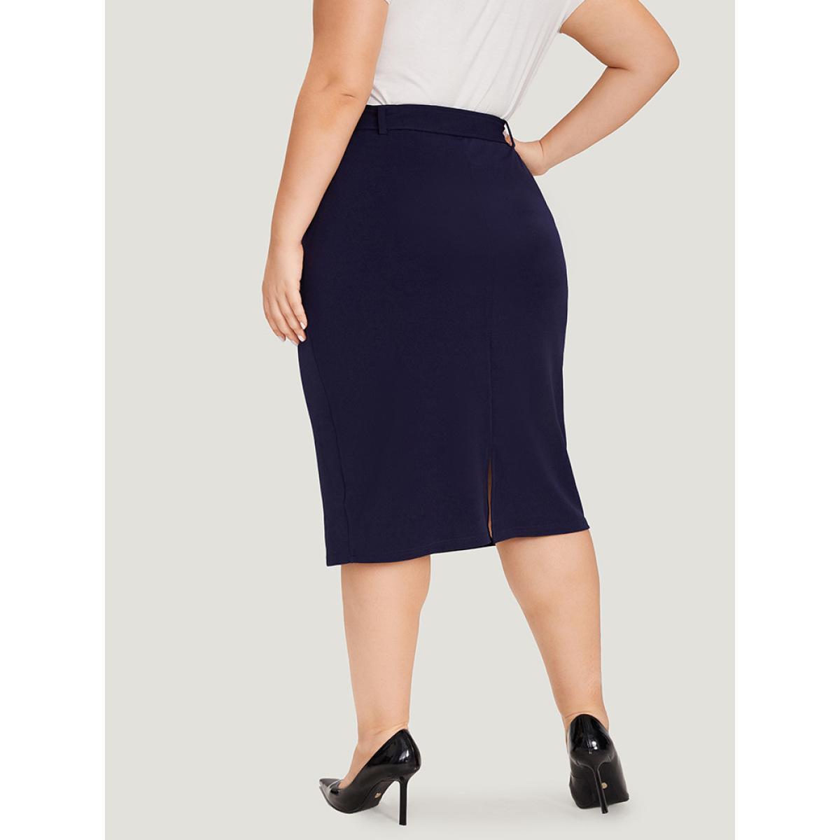 Plus Size Plain Belted Split Hem Skinny Skirt Women Blue Office Belted Bodycon No stretch Belt Work Skirts BloomChic 26/4X Product Image