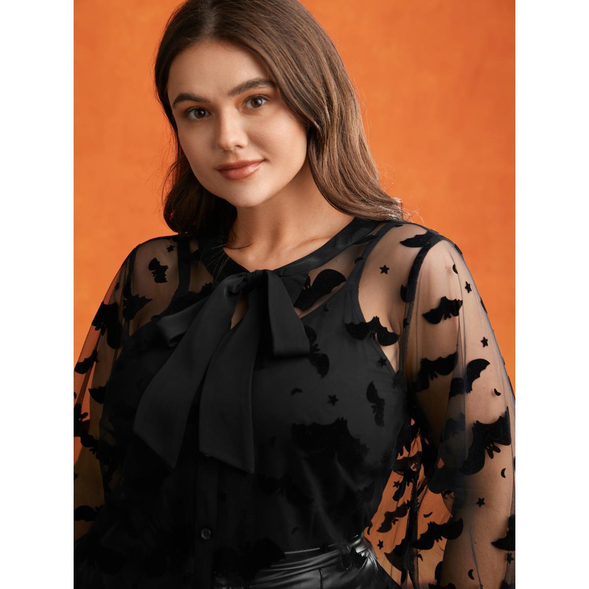 Plus Size Black Bats & Bows Ribbon Collar Blouse Women Elegant Long Sleeve Ribbon-tied collar Everyday Blouses BloomChic 22-24/3X Product Image
