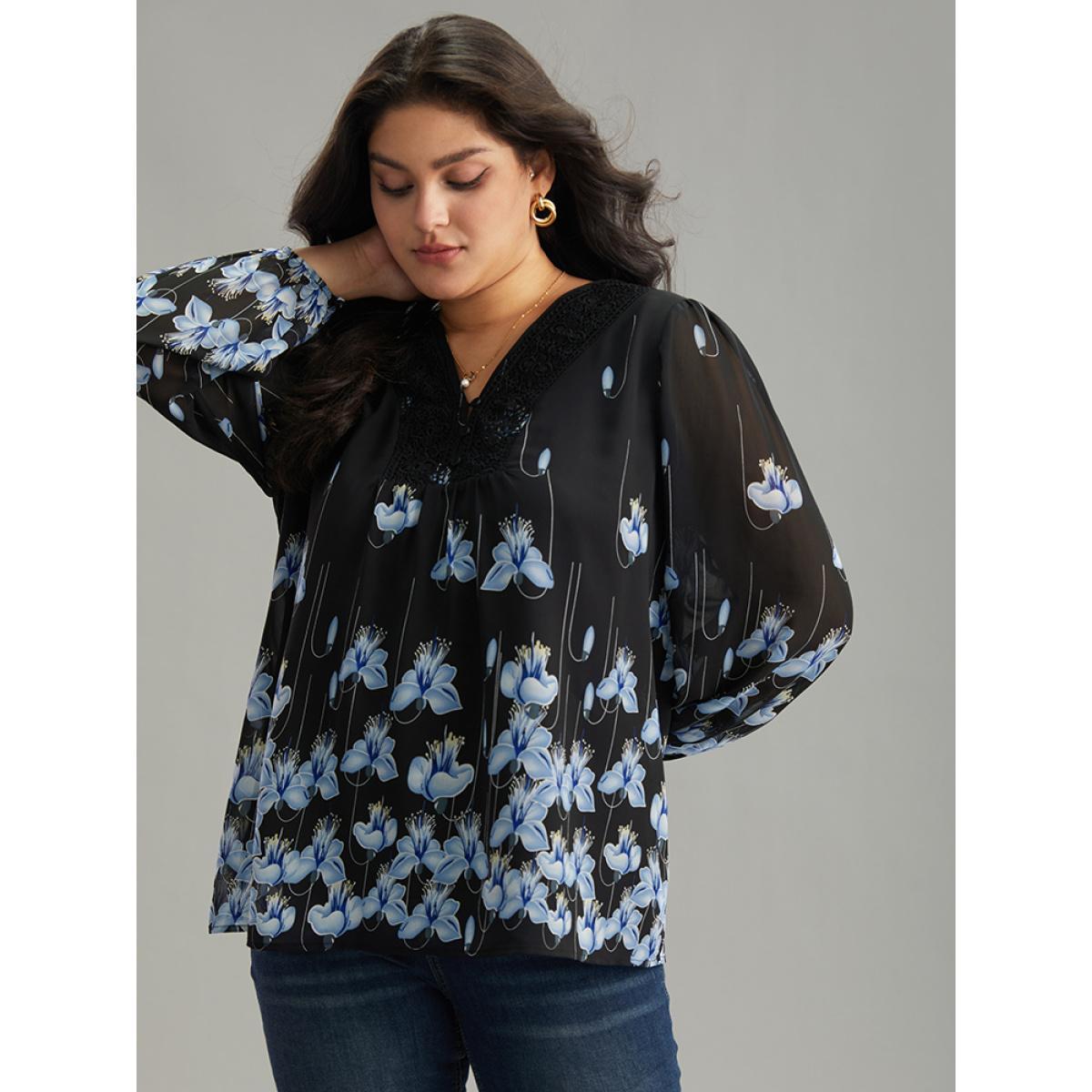 Plus Size BlackFlower Boho Print Lace Patchwork Mesh Button Up Blouse Women Elegant Long Sleeve V-neck Dailywear Blouses BloomChic 28/5X Product Image