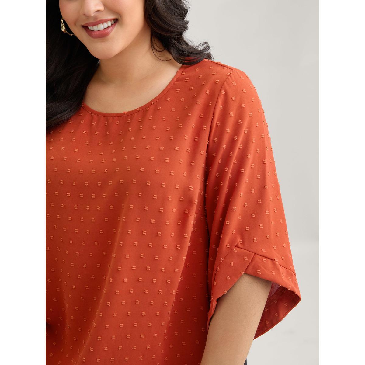 Plus Size OrangeRed Textured Round Neck Bell Sleeve Blouse Women Elegant Elbow-length sleeve Round Neck Everyday Blouses BloomChic 14-16/1X Product Image