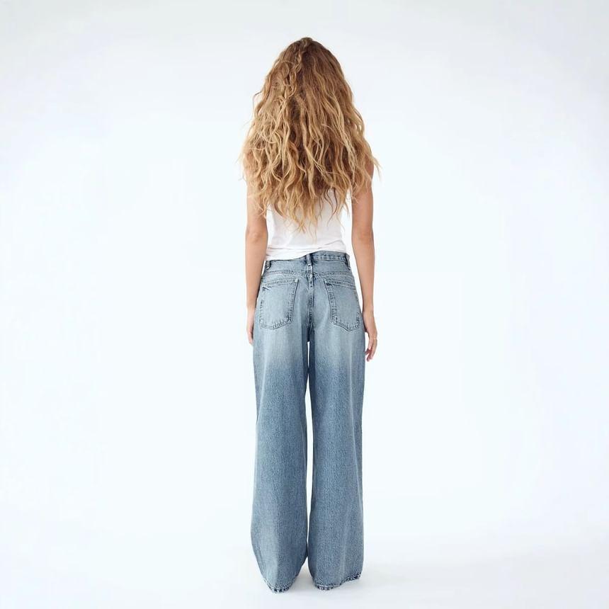 High Rise Washed Asymmetrical Wide Leg Jeans Product Image