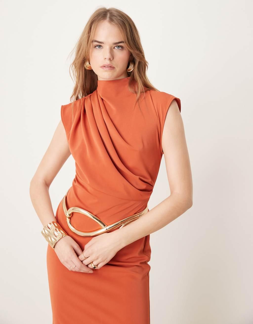 ASOS DESIGN high neck sleeveless midi dress with draped neck in rust Product Image