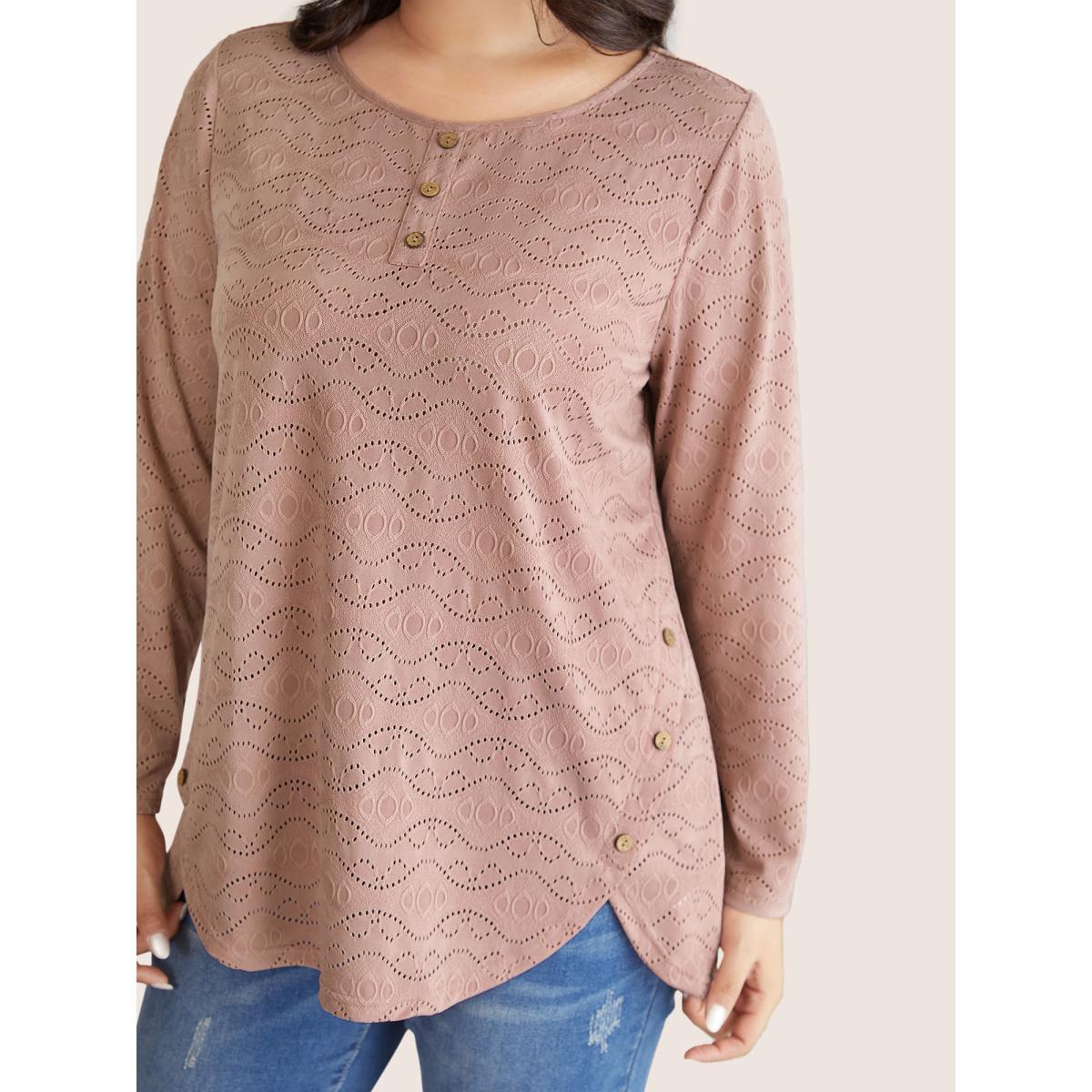 Plus Size Broderie Anglaise Button Detail Arc Hem T-shirt DustyPink Women Casual Texture Plain Round Neck Dailywear T-shirts BloomChic 30/6X Product Image
