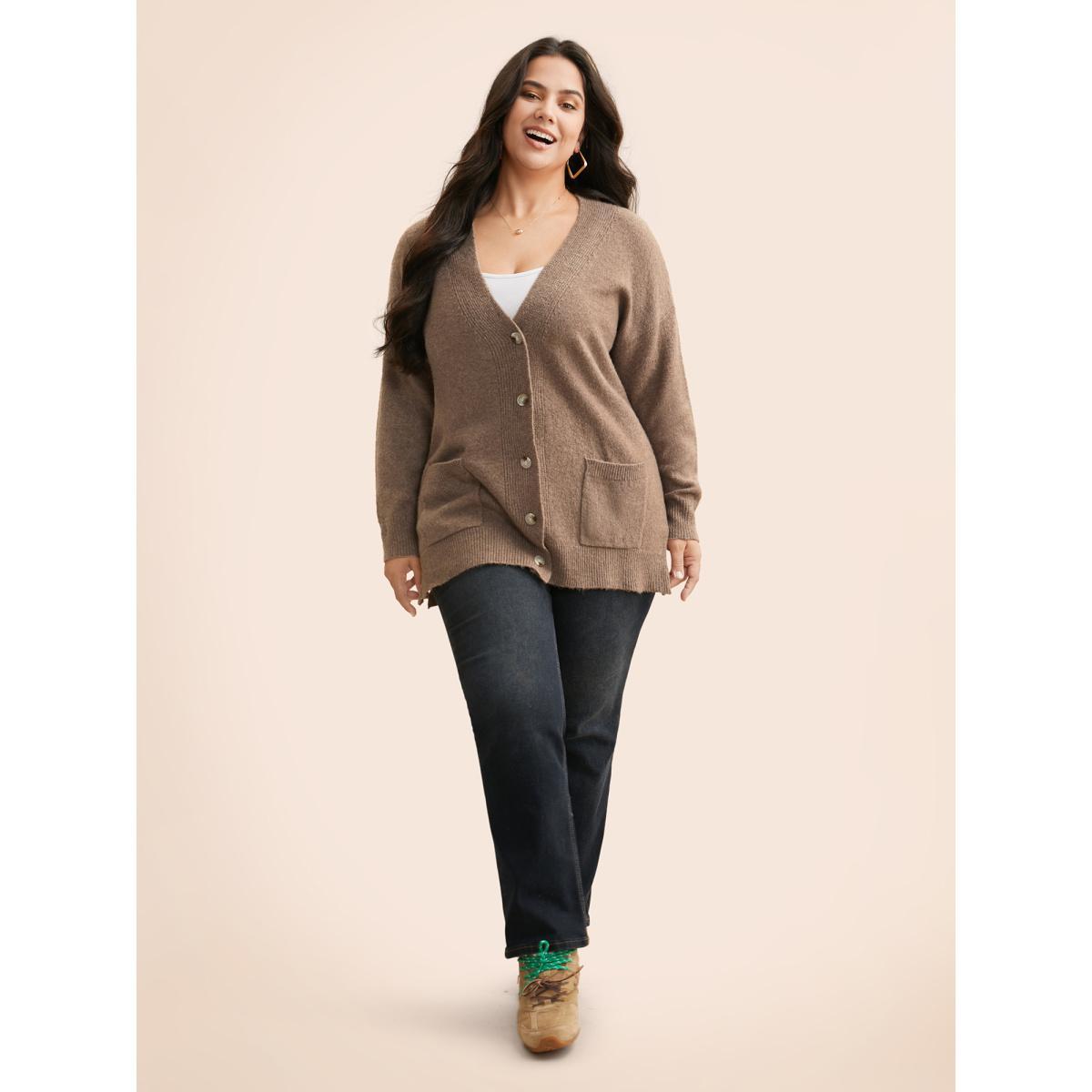 Plus Size Airy Cozy V Neck Cardigan Tan Women Basics Loose Long Sleeve Everyday Cardigans BloomChic 18-20/2X Product Image
