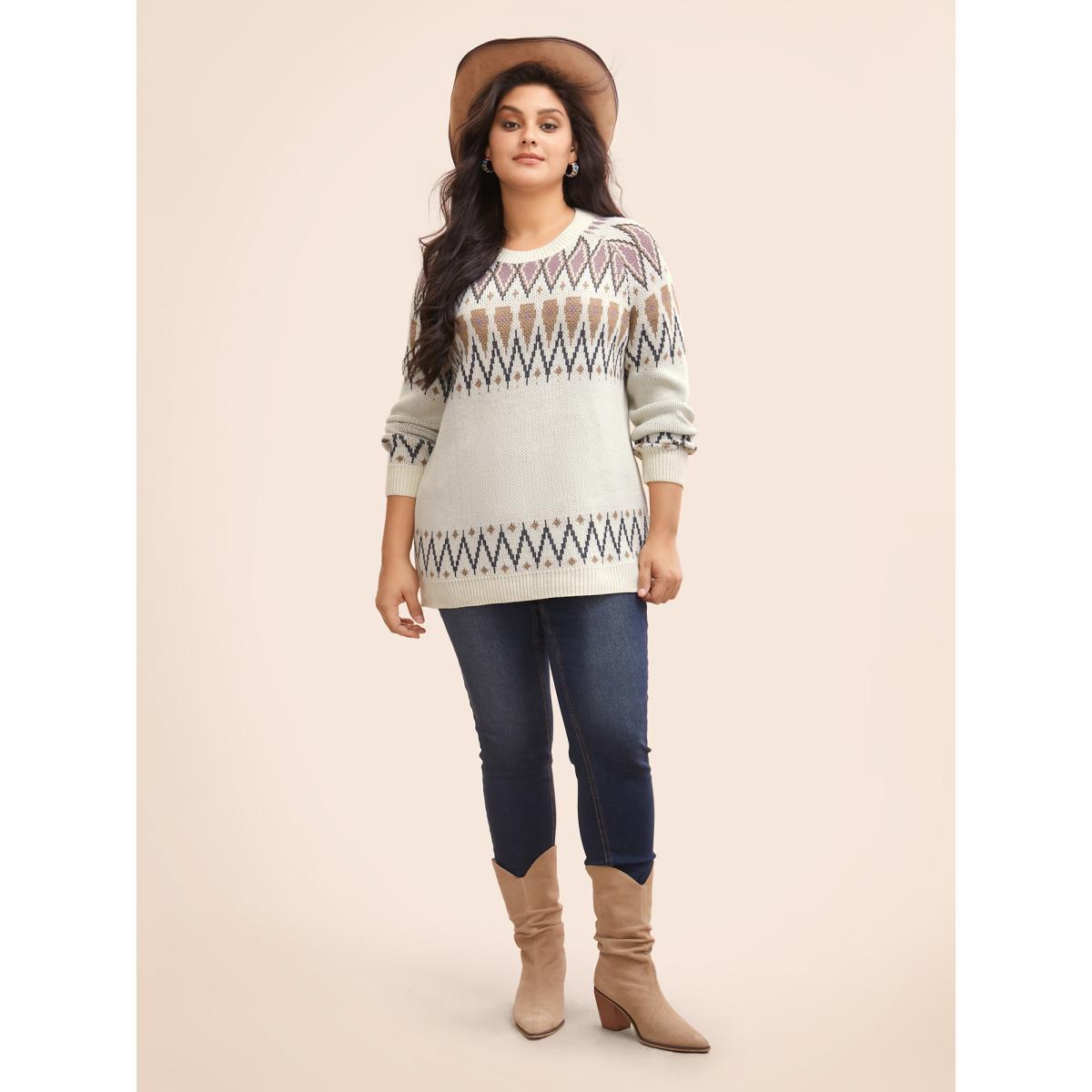Plus Size Fair Isle Jacquard Crew Neck Pullover Beige Women Casual Long Sleeve Round Neck Everyday Pullovers BloomChic 10/M Product Image
