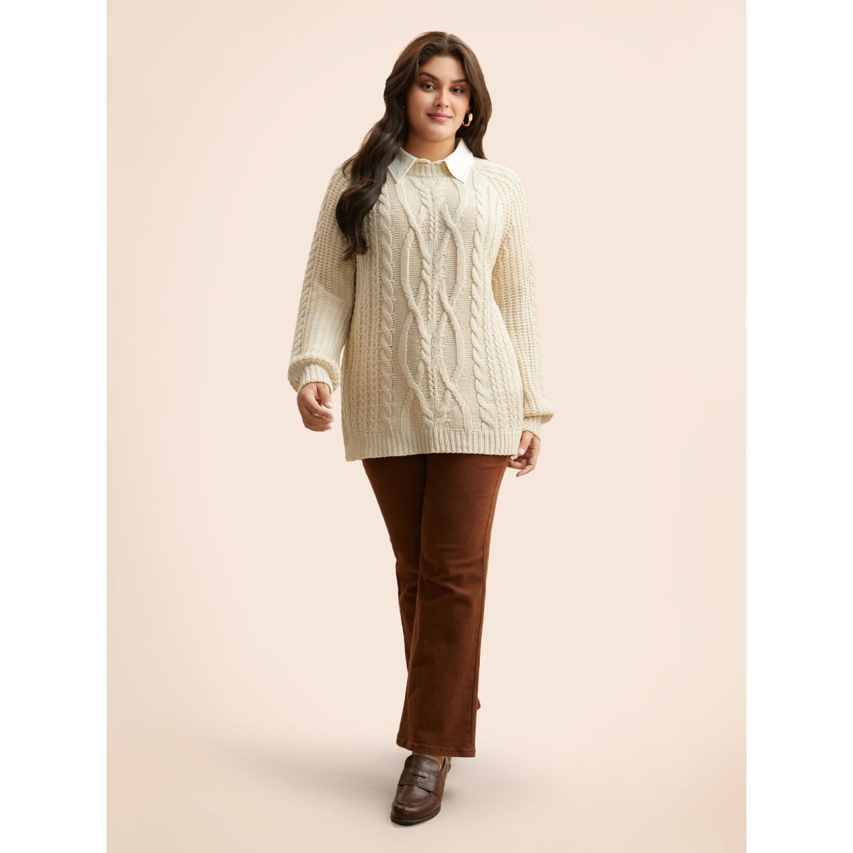 Plus Size Solid Cable Knit Raglan Sleeve Pullover WhiteSmoke Women Casual Long Sleeve Round Neck Everyday Pullovers BloomChic 26/4X Product Image